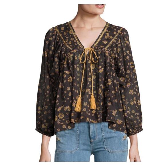 FREE PEOPLE | Never a Dull Moment Cotton Boho Floral Babydoll Peasant Top Medium - Picture 1 of 7